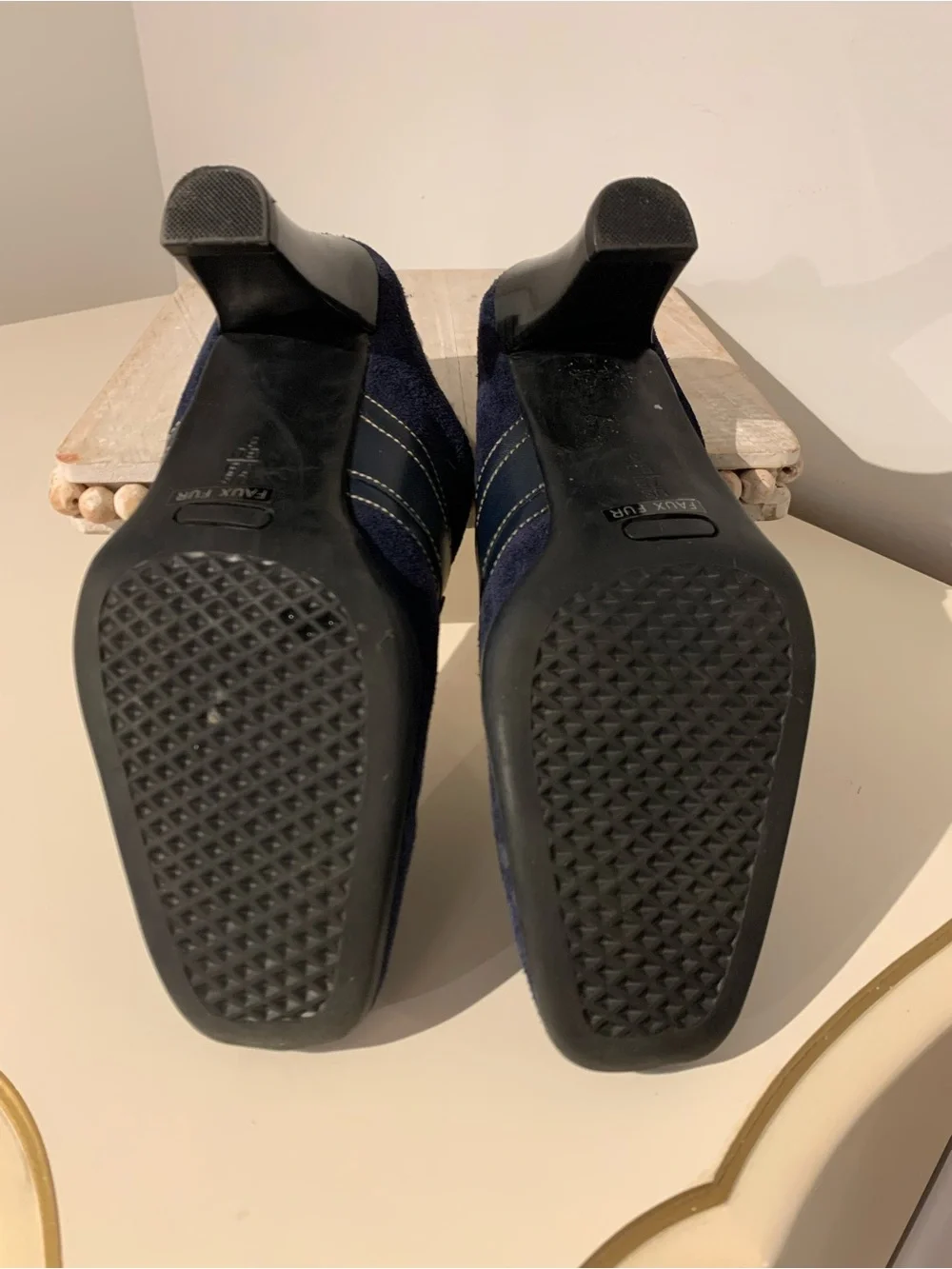 Navy Suede Shearling-Lined Mule Heels with Buckle Detail - Picture 5 of 5